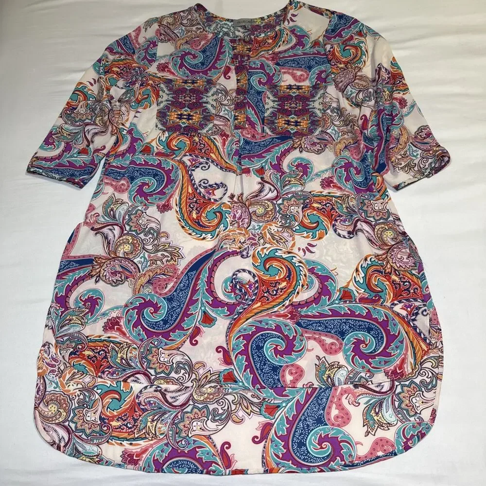 Figueroa & Flower Tunic Dress Womens XL Multicolor Paisley Boho Pocket Shirt EUC